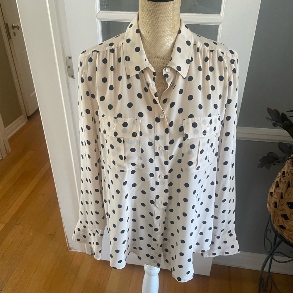 J Crew silk cream and black polka dot button down shirt